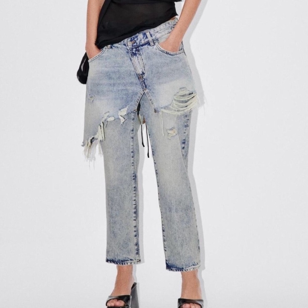 NEW ZARA LAYERED DENIM  JEANS MID-RISE ZW STRAIGHT LEG SKIRT OVERLAY ANKLE SZ.2